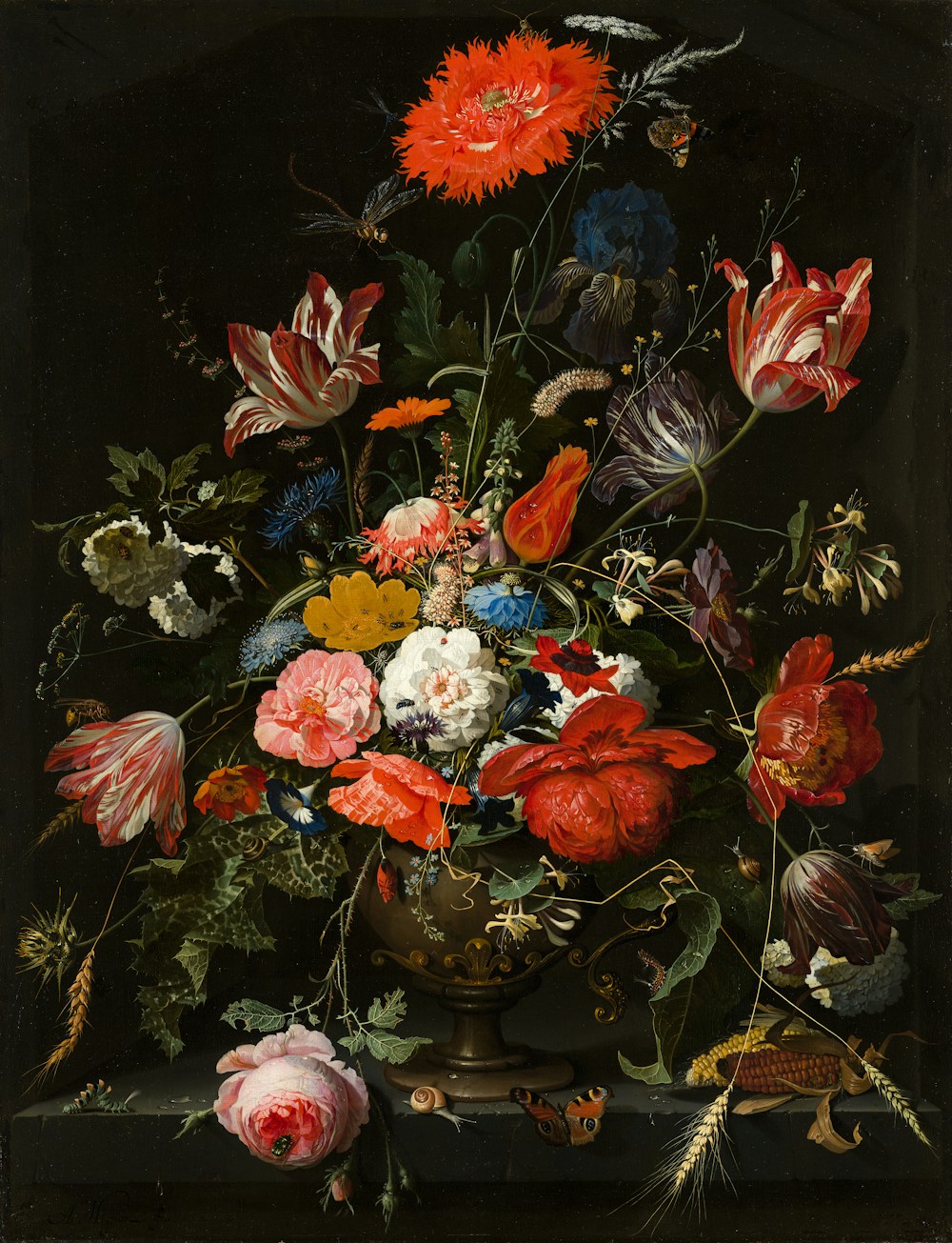 Still-life painting of colourful flowers against a dark background